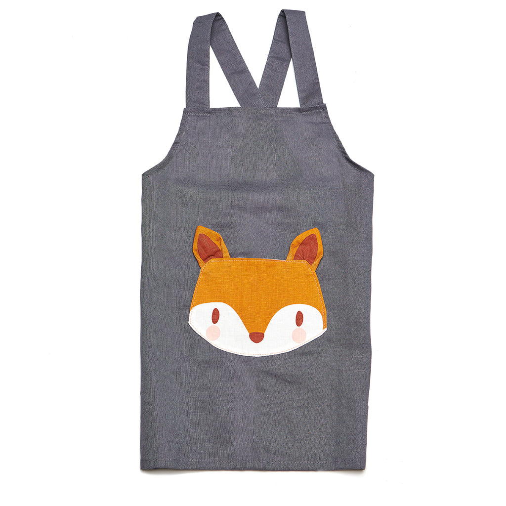 linen apron for children with fox cub pocket machine washable and plastic-free in charcoal navy grey
