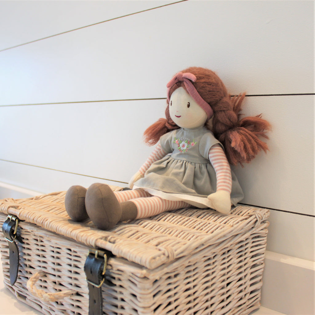plastic-free sustainable toy Threadbear rag doll soft for children with plaits and dress