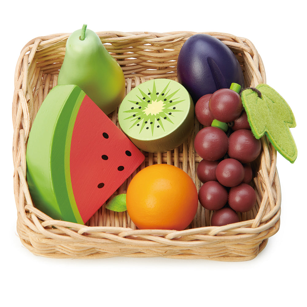 A selection of fruits from round the world, all in a hand crafted wicker basket, Set includes, bunch of grapes, half a kiwi fruit, slice of watermelon, pear, plum, and tangerine. Part of our Market day Range and an accessory to our Farmers Market.