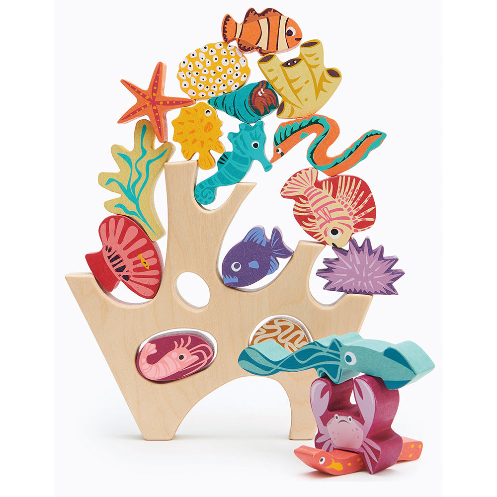 completely plastic free toy wooden stacking under the sea coral rock sea creatures including a shrimp, a squid, a crab, two eels, a sea urchin, a sea anenome, a starfish, a seahorse, three fish, four coral pieces, and a hermit crab.