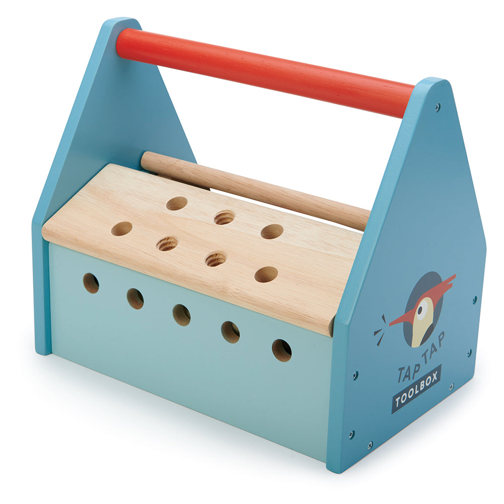 A plastic free tool box toy for children in blue with lots of accessories including hammer wooden nails nuts bolts and screws lets your child play creatively