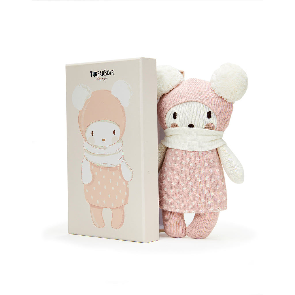 threadbear design baby and toddler toys soft knitted bear doll with pom pom ears and a scarf in spotty pink and white cream