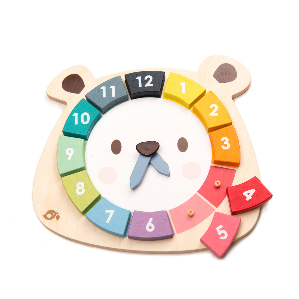 Tender Leaf Toys wooden educational clock and colour game with 2 brightly coloured wooden number blocks