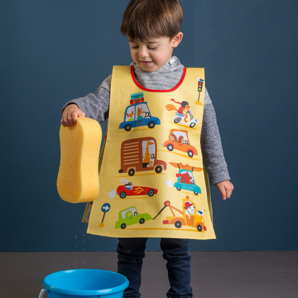 ThreadBear Design Biodegradable apron tabard with cars and transport print in yellow