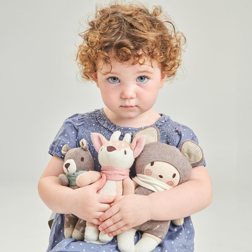 threadbear design baby and toddler toys soft knitted deer doll in pale pink and cream spots