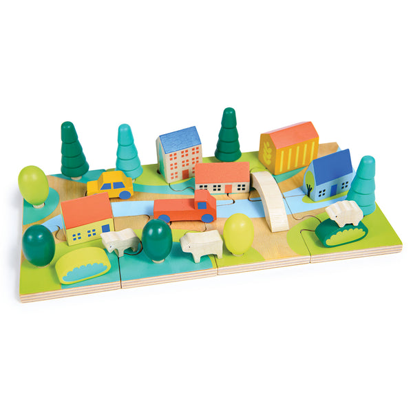 Mentari wooden Tiny Town Jigsaw with houses, cars and trees