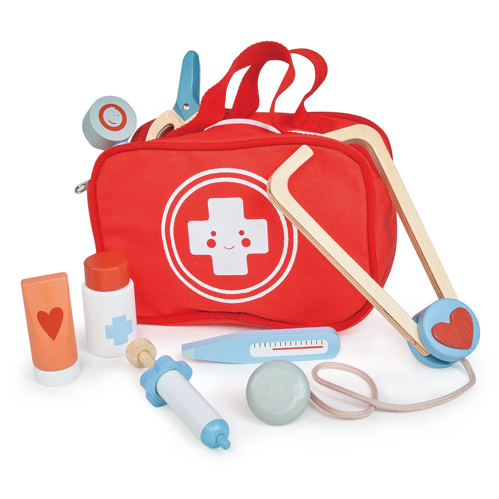 Red canvas doctors bag with accessories