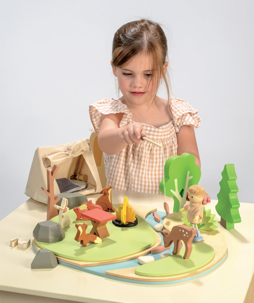 wooden toy camping playset for dolls house play