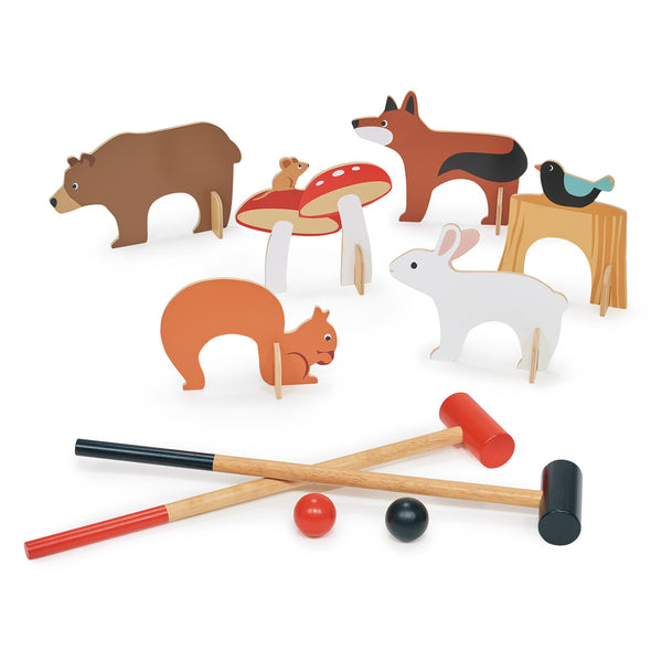Tender Leaf Toys Woodland Indoor Croquet Set with illustrated hoops and mallets