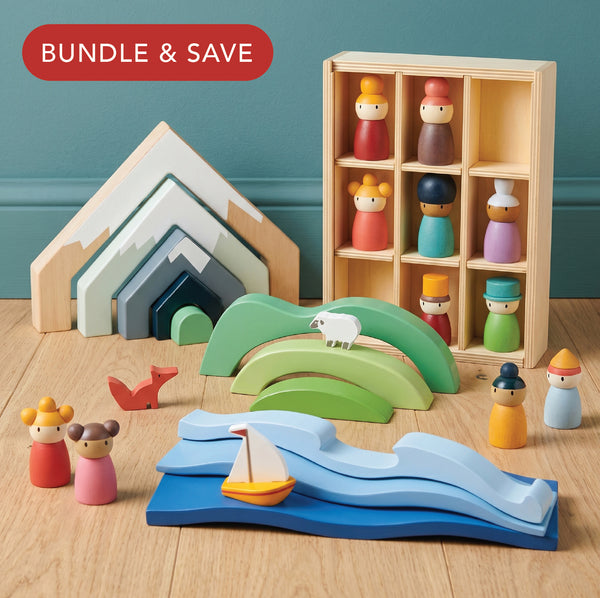 Tender Leaf Toys Montessori Play Bundle with Happy Folk Hotel and stacking landscapes