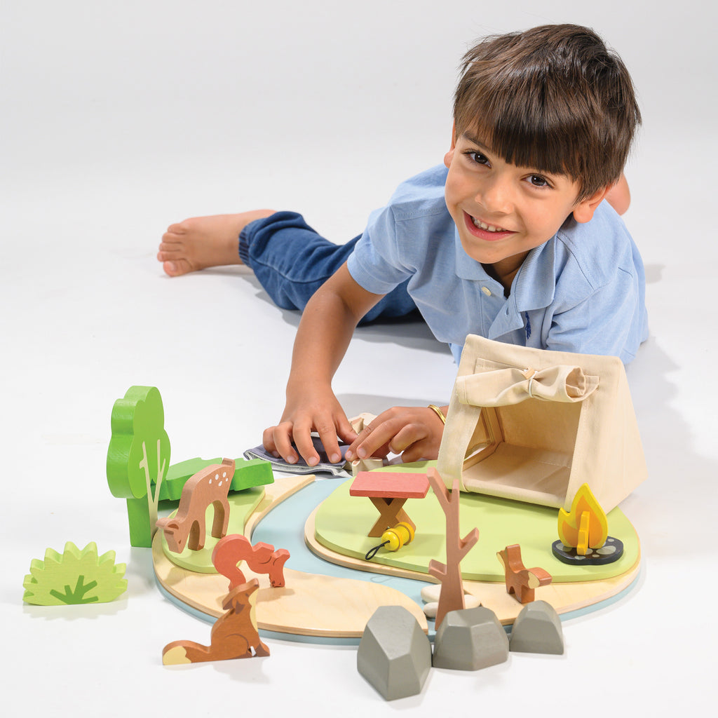wooden toy camping playset for dolls house play