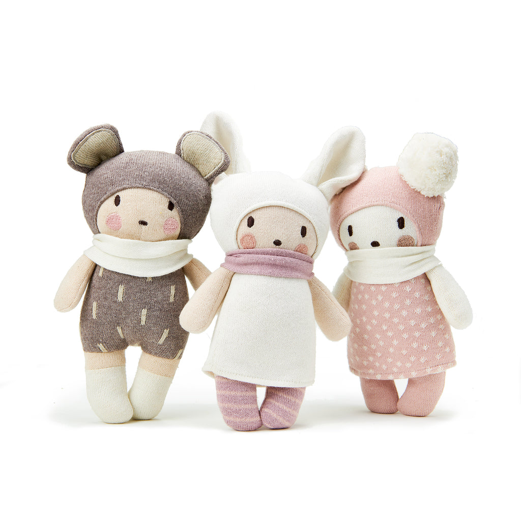 threadbear design baby and toddler toys soft knitted bunny rabbit doll with scarf and stripes in cream white and pink