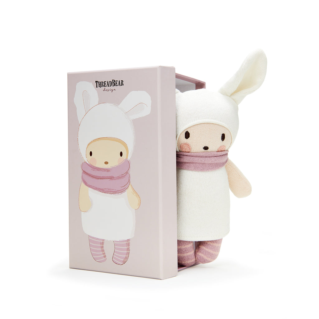 threadbear design baby and toddler toys soft knitted bunny rabbit doll with scarf and stripes in cream white and pink