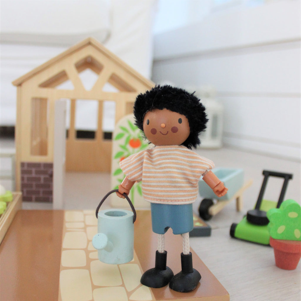 tender leaf toys wood greenhouse garden set for children dolls house extension pack with vegetable patch flowers lawnmower watering can seed tray and an opening door. a perfect addition to your dollies.