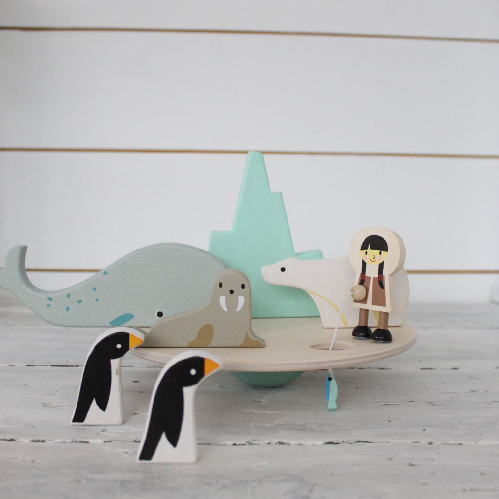 Tender Leaf Toys wooden balancing game polar circle with penguin polar bear and iceberg