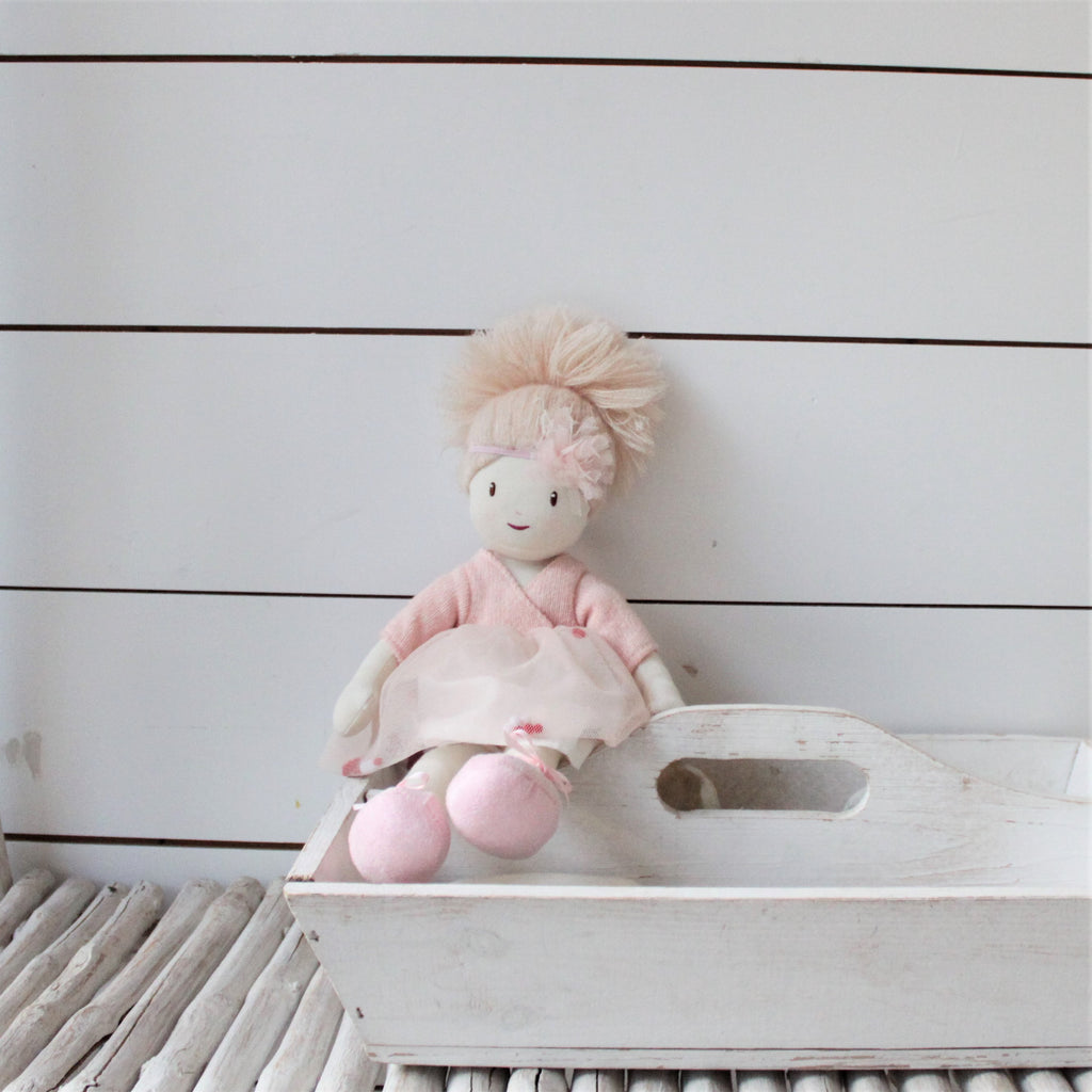 plastic-free sustainable toy Threadbear ballerina rag doll soft for children with blonde hair and dress in pink
