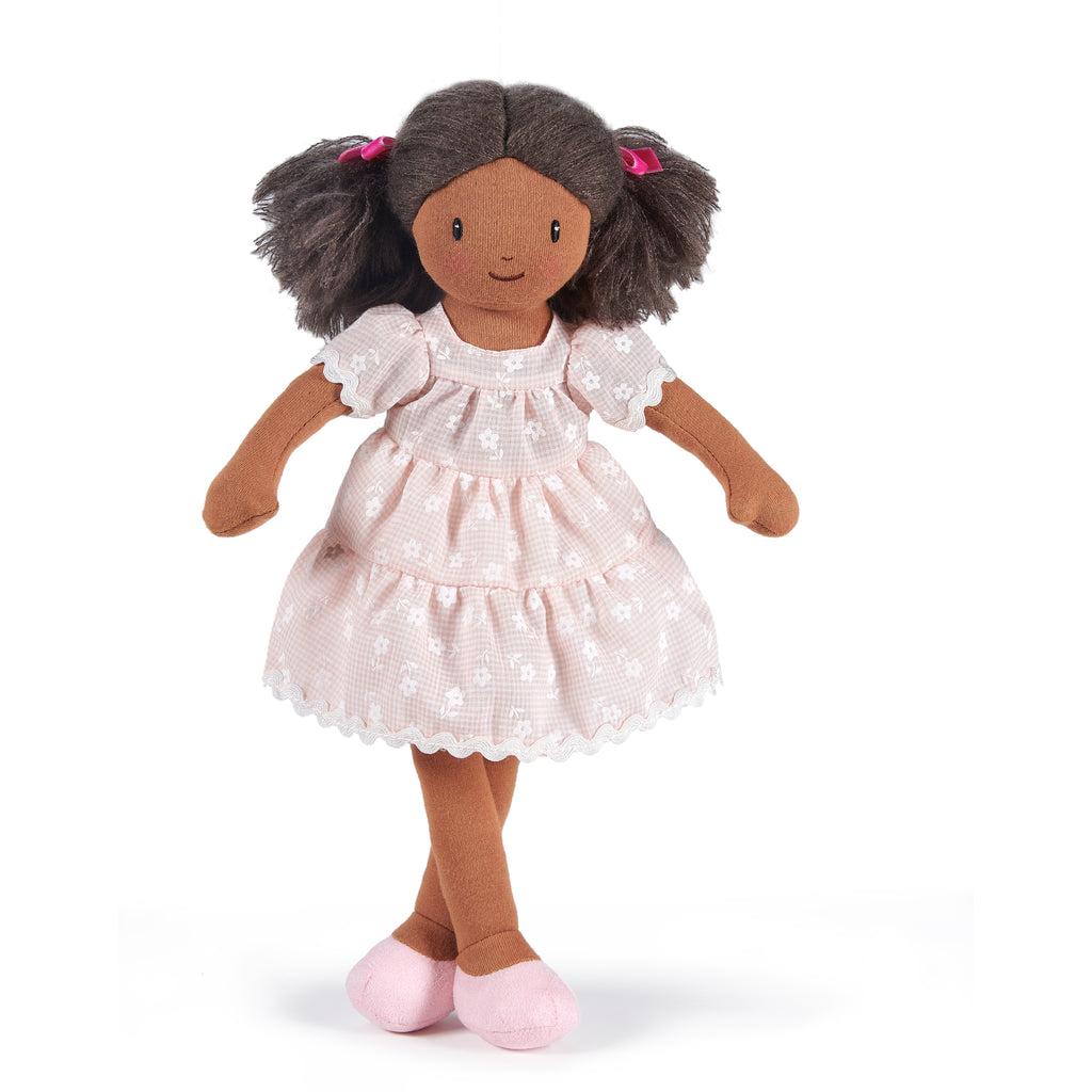 mia rag doll with dark hair embroidered face and floral tiered dress. completely plastic-free