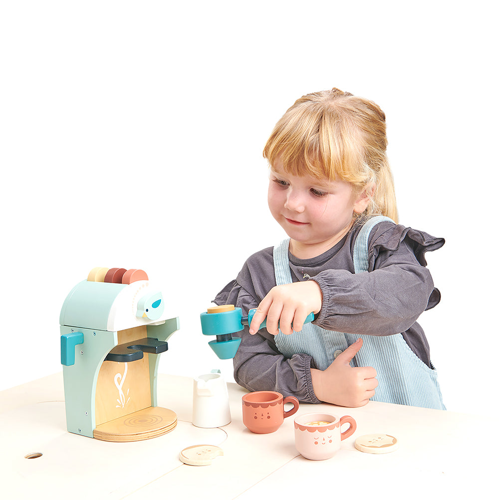 tenderleaf wooden toy plastic-free espresso pretend play set for tea time parties for children with cups saucers coffee pods milk frother