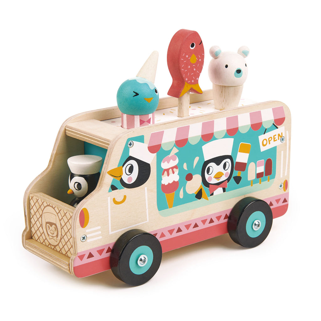 Tender Leaf Toys wooden gelato ice cream van driven by a couple of pesky penguins