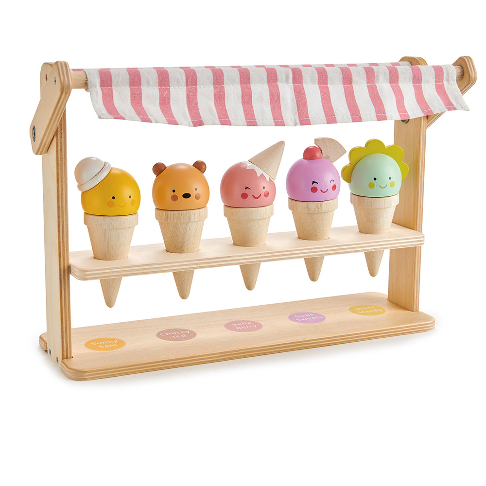 Tender Leaf wooden toy ice cream lolly stand with smiling faces and colourful tops. perfect gift for children in the summer