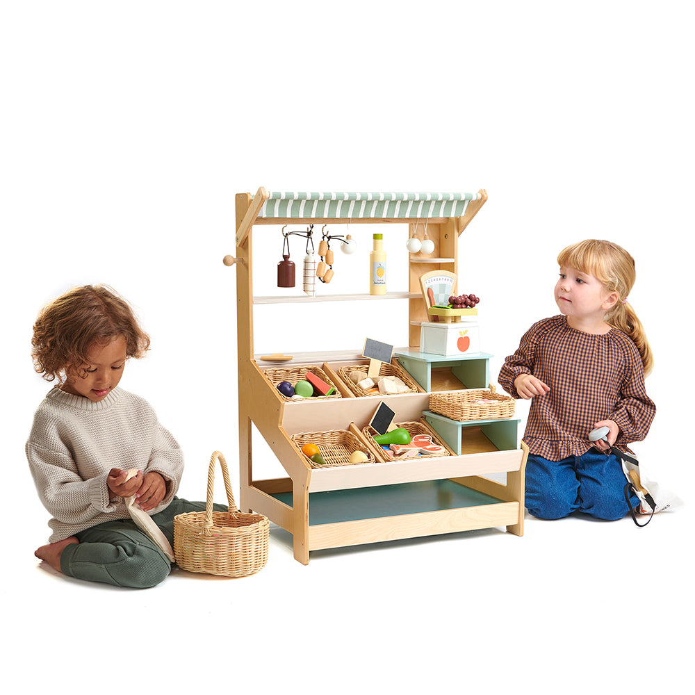 Tenderleaf wooden toys market stall stand toy for pretend play with children develop social and learning skills