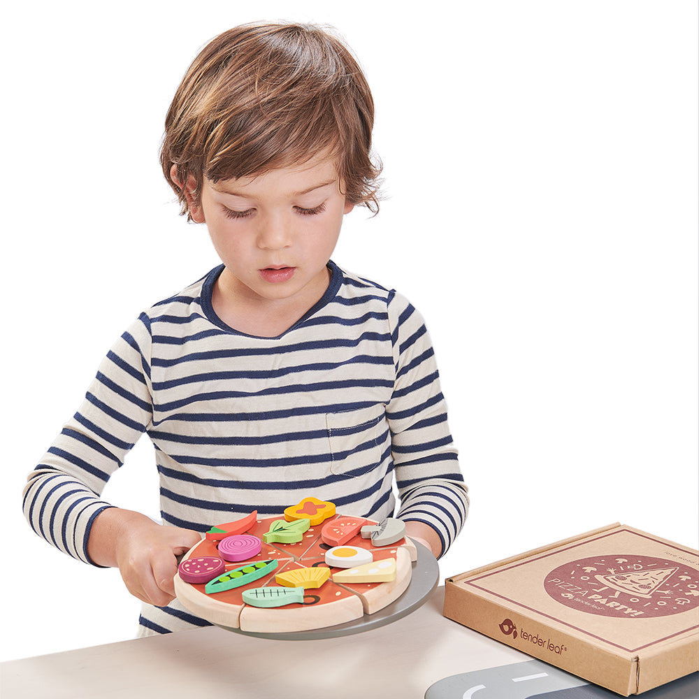 Tender Leaf wooden kitchen play food pizza set for children with 12 slices pretend play tea party gift present idea with illustrated box