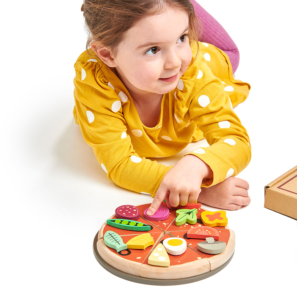 Tender Leaf wooden kitchen play food pizza set for children with 12 slices pretend play tea party gift present idea with illustrated box