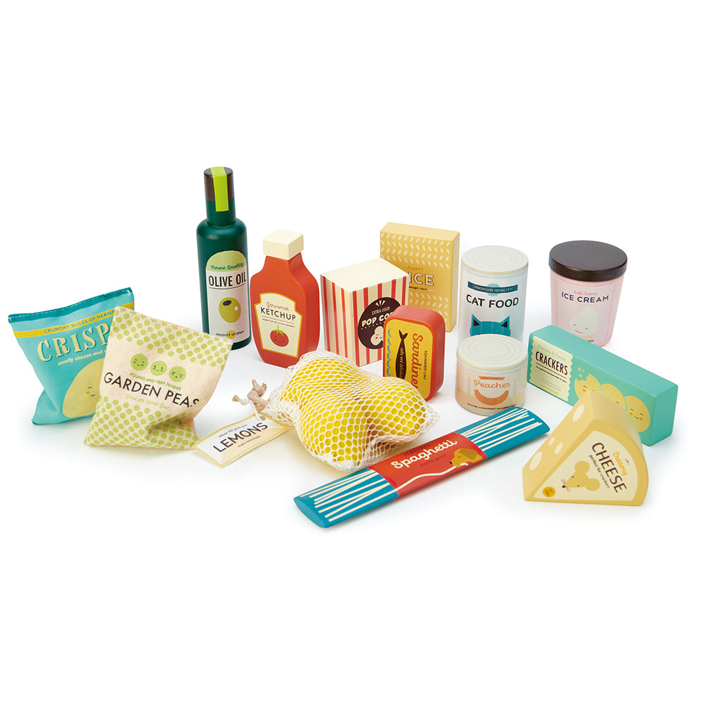 Tender Leaf wooden play food set for children with olive oil ketchup crackers cheese cat food ice cream sardines spaghetti pop corn peas lemons tinned peaches and cheese