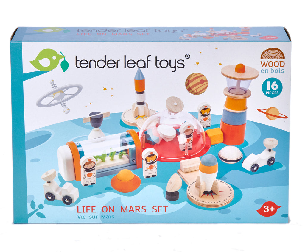 Tender Leaf Toys wooden Life on Mars play set. Your little astronauts will love this wooden realistic space station toy with lots of wooden accessories