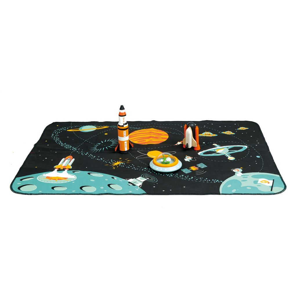 Tender Leaf Toys wooden space theme play mat. Includes wooden accessorie