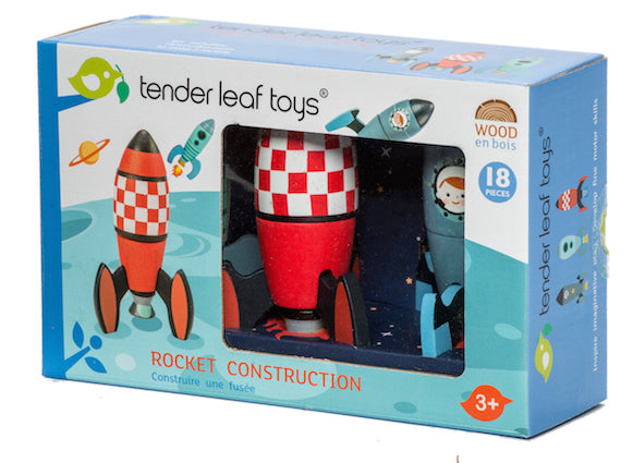 Tender Leaf Toys wooden rocket set for building and constructing. Set includes 18 pieces to build three different space rockets