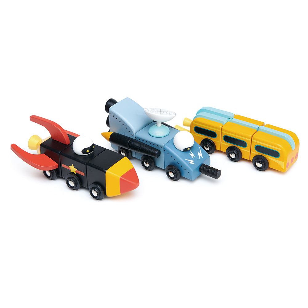 Tender Leaf wooden space race vehicles that can be mixed and matched to create your own rocket car toys. Play with friends and create your own toy world