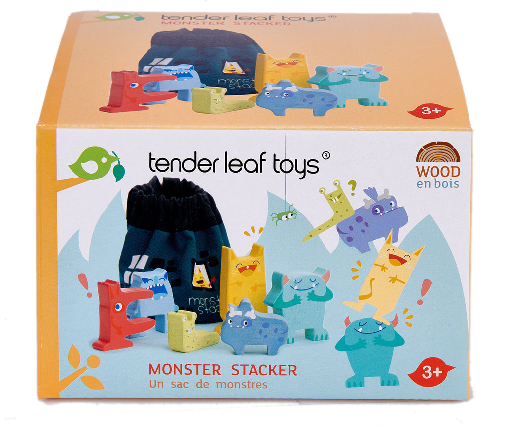 Tender Leaf Toys wooden stacking educational monster toy with 6 colourful monsters, that pack away neatly into a drawstring canvas bag