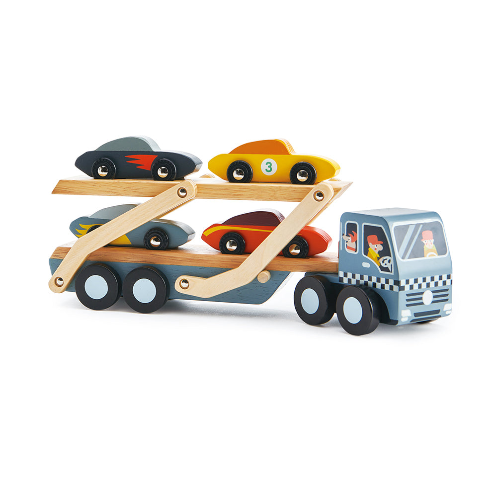 Tender Leaf Toys wooden car transporter toy set for children with lorry and 4 cool colourful cars