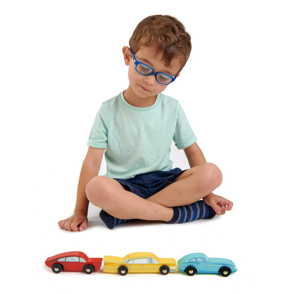 Tender Leaf Toys wooden retro toy car set in contemporary primary colours