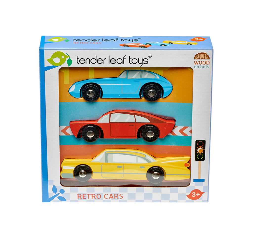 Tender Leaf Toys wooden retro toy car set in contemporary primary colours