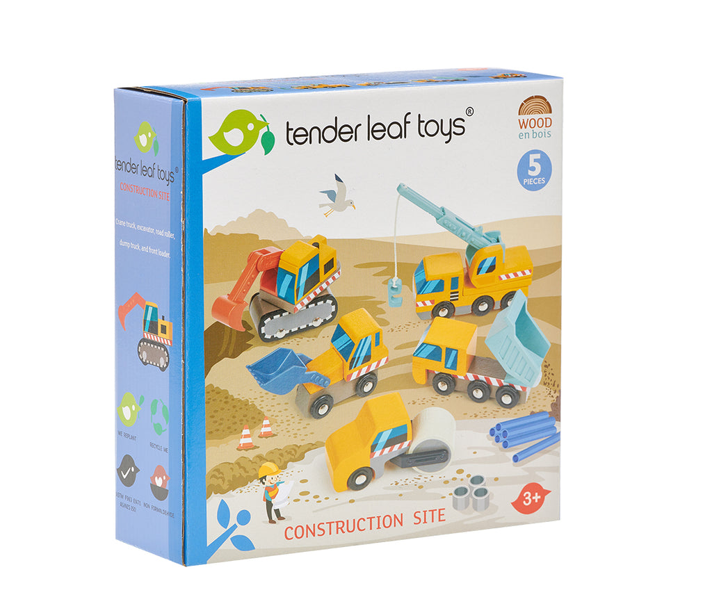 Tender Leaf Toys wooden vehicles construction site, including dump truck, front loader, digger, crane truck, road roller. All with moving parts