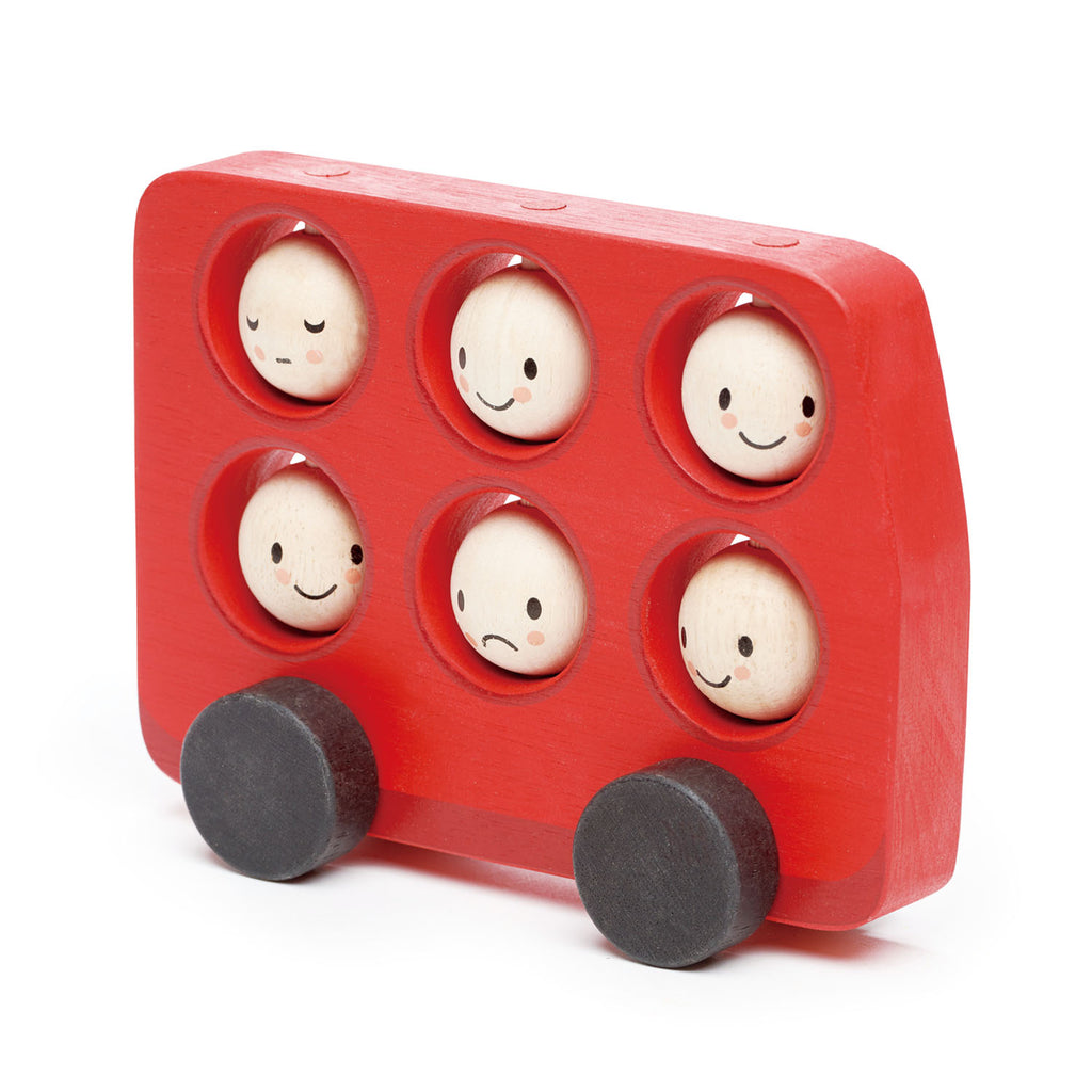 Tender Leaf Toys wooden red bus for toddlers with 6 smiley rotating faces