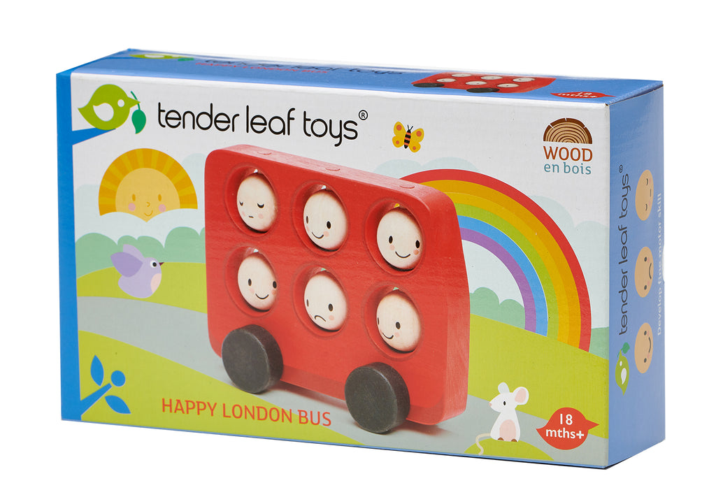 Tender Leaf Toys wooden red bus for toddlers with 6 smiley rotating faces