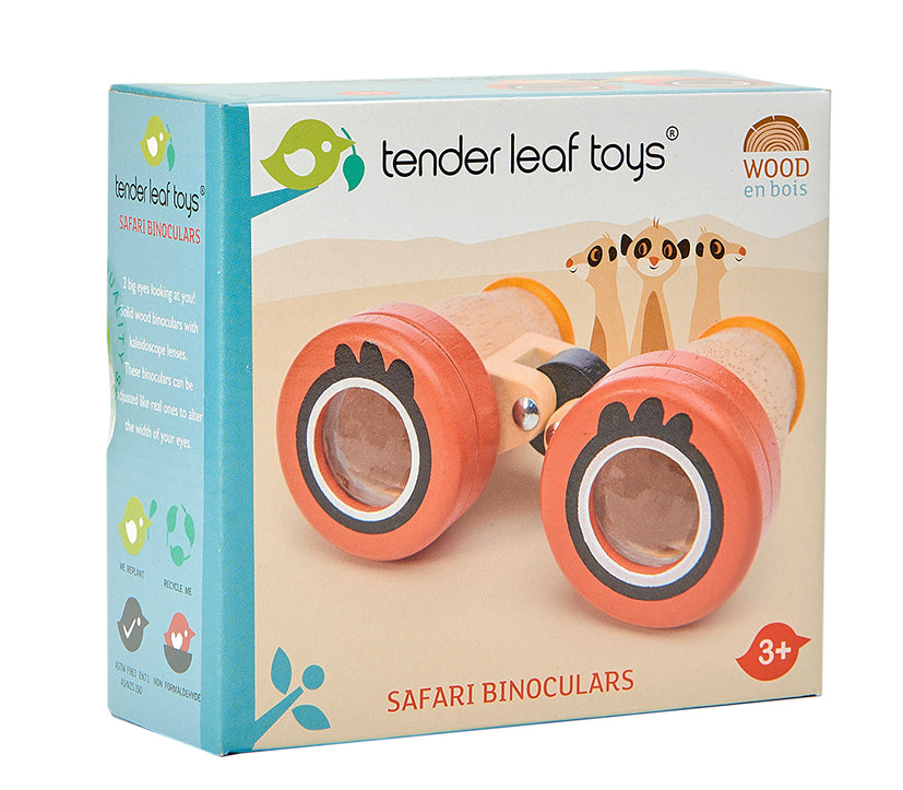 Tender Leaf Wooden binoculars toy with kaleidoscope lenses.