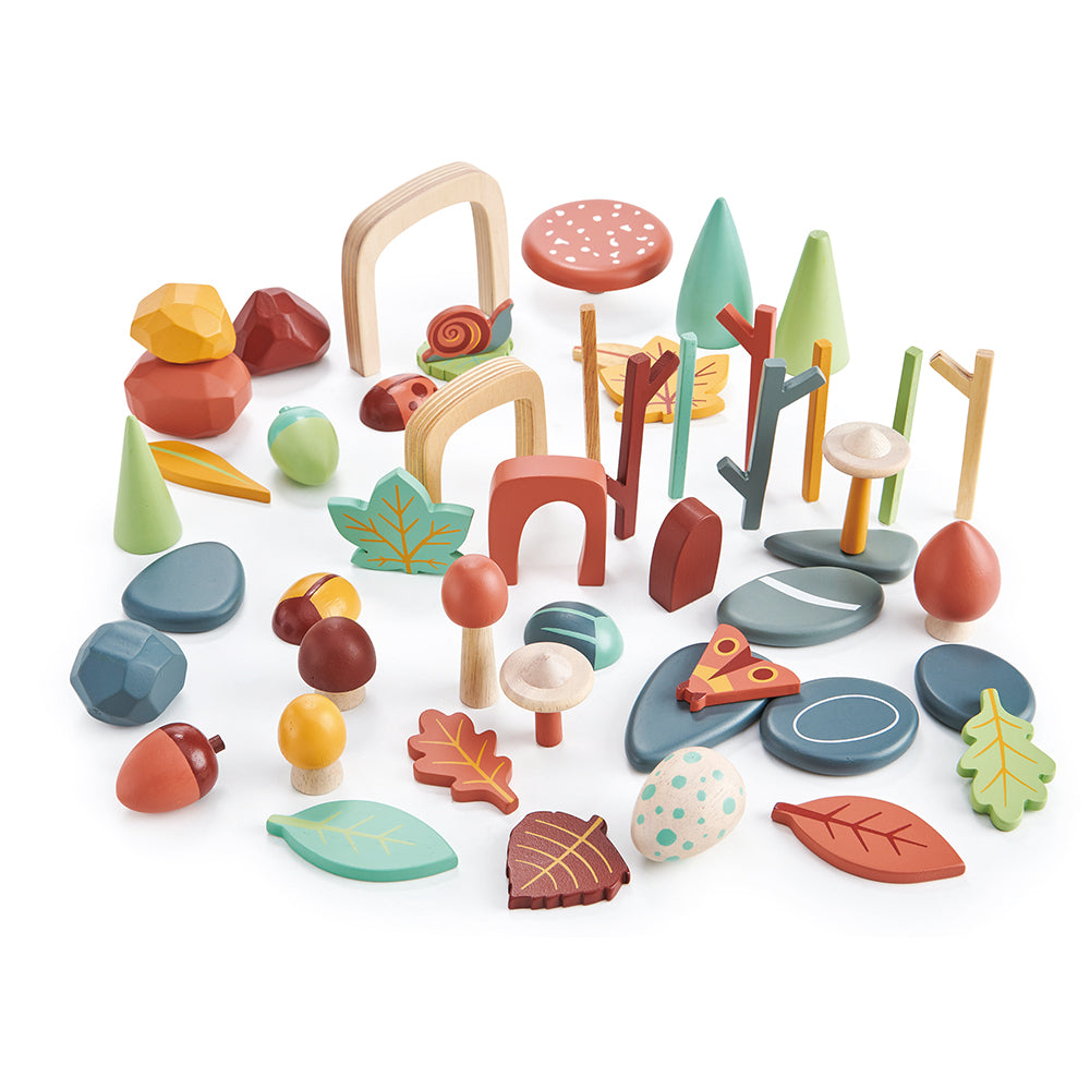 tender leaf wooden toy plastic free open ended play with items from the forest floor. comes with a box with compartments with lots of colourful and cool accessories including play pebbles, rainbow, stones, leaves, trees, bugs and insects for ultimate montessori play time. play with friends and pack away neatly in the nursery