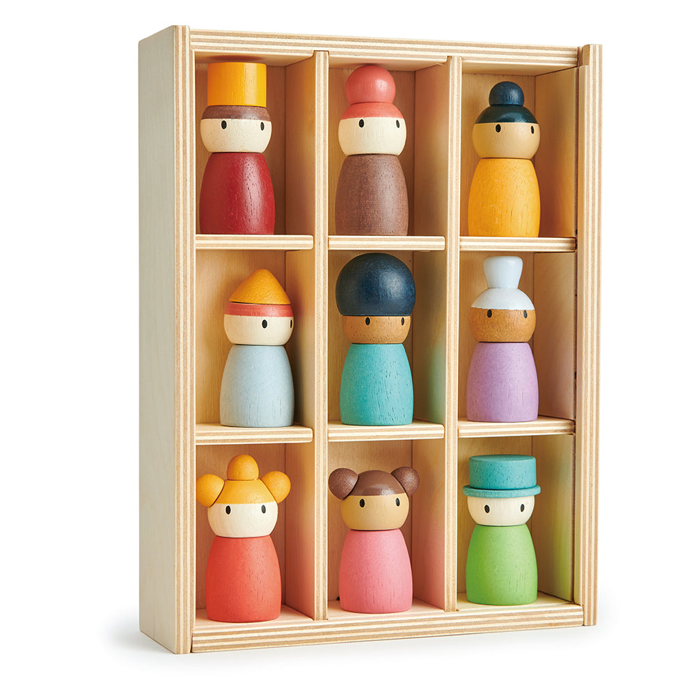 tender leaf wood toys completely plastic free and sustainable happy people hotel is an educational open ended play montessori shelf with 9 people from different ethnicities and ages. Teaches inclusivity to children and learning social skills through play.