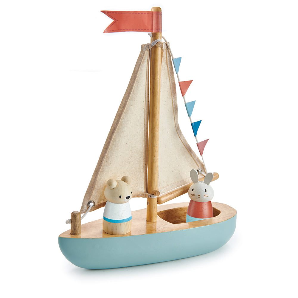 Tender Leaf wood toy plastic free boat with bubble and squeak characters perfect for open ended play and montessori dolls house accessories