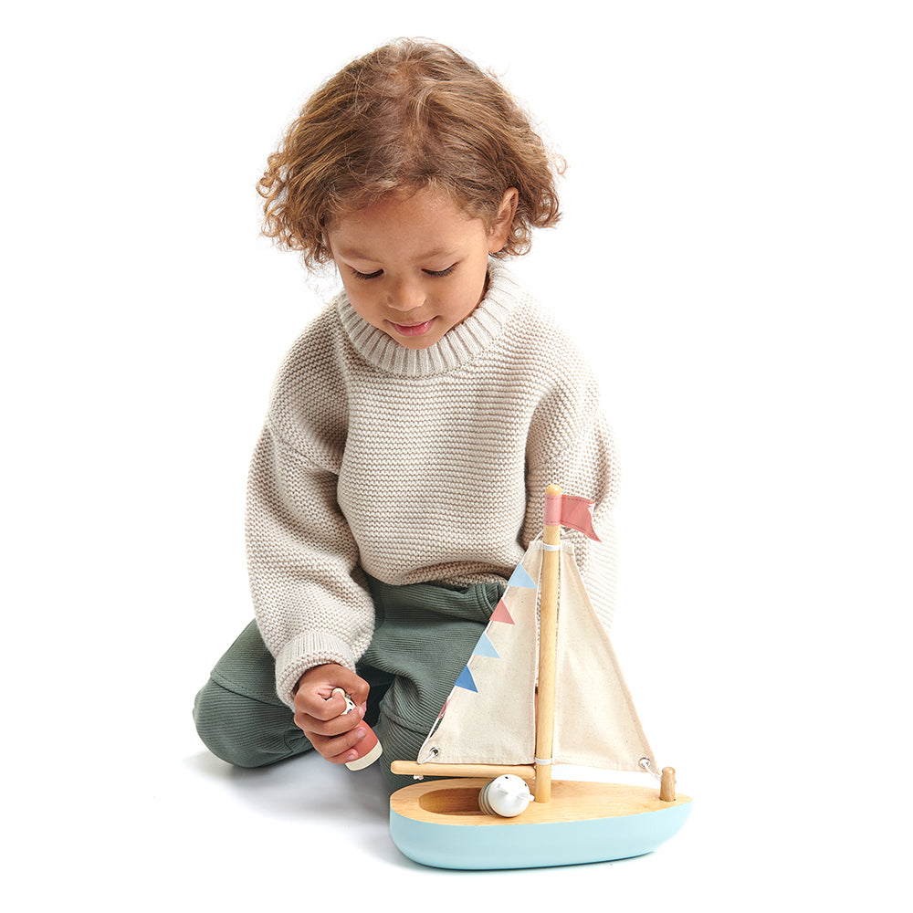 Tender Leaf wood toy plastic free boat with bubble and squeak characters perfect for open ended play and montessori dolls house accessories