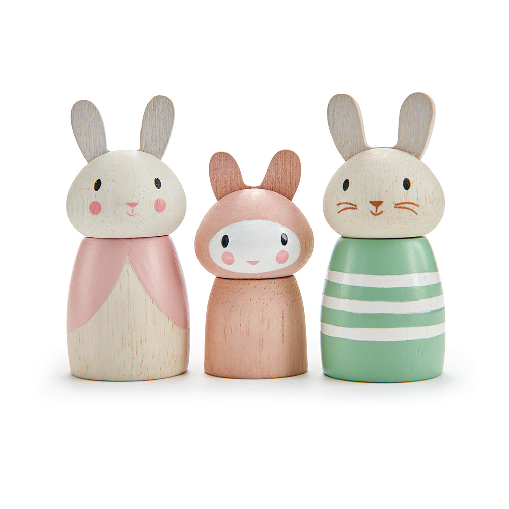 tenderleaf solid wood plastic free bunny doll family with mummy daddy and baby all with character names printed underneith. Open ended play and dolls world perfect gift and toy for children.