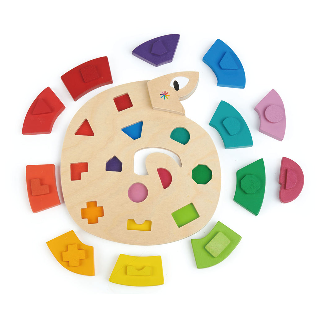 Tender Leaf Toys wooden colourful puzzle snake with 12 educational coloured pieces that match up to a 3 dimensional recessed shape underneath
