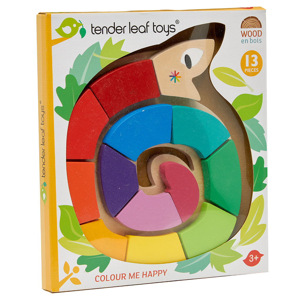 Tender Leaf Toys wooden colourful puzzle snake with 12 educational coloured pieces that match up to a 3 dimensional recessed shape underneath