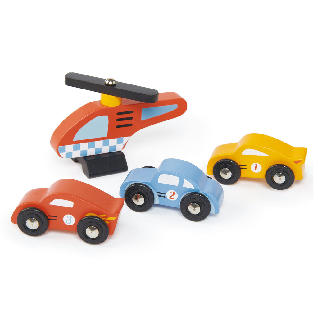 Tender Leaf Toys wooden car garage with clear acrylic central panel has lots of play from all sides