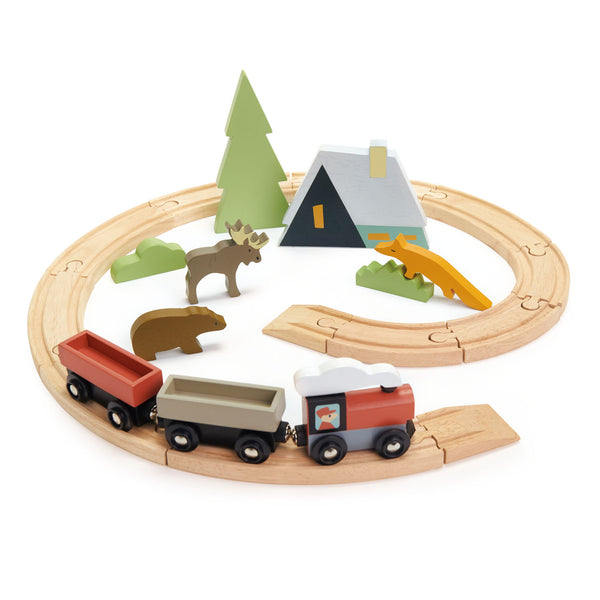 Tender Leaf Toys Treetops wooden train set with chalet and woodland animals