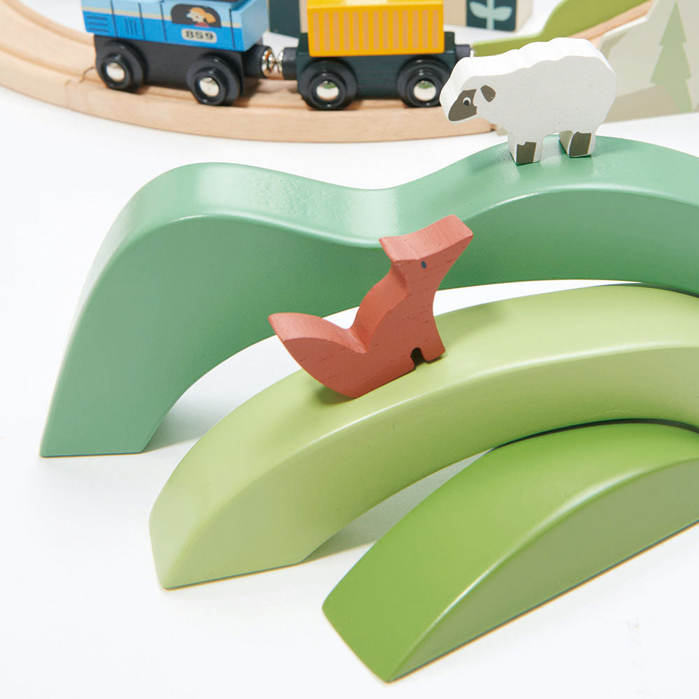tender leaf wooden green hills toy stacking blocks for open ended play, dolls house world and train sets completely plastic free and sustainable